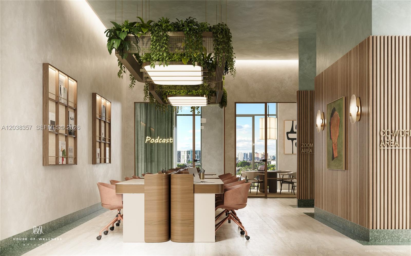 This architectural rendering shows a modern coworking space with hanging plants and wooden desk stations — 152 SW 9th Street # 1619, Miami FL 33130, MIAMI, FL