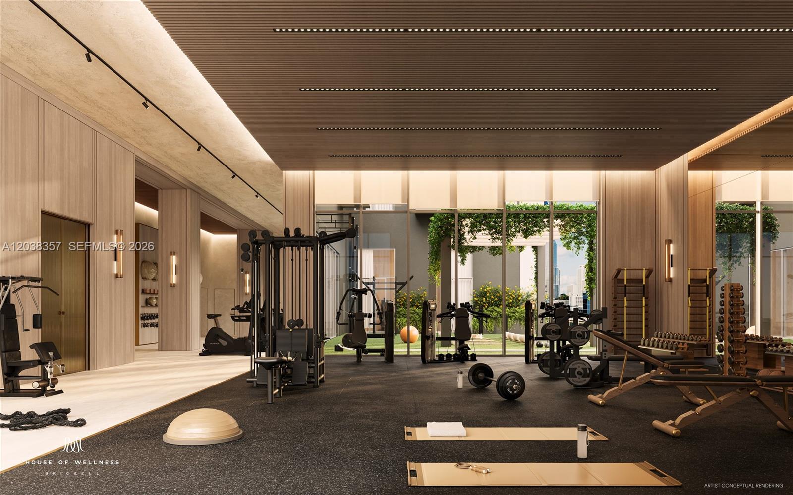 This artist conceptual rendering shows a modern gym with exercise equipment, wood-paneled walls, and windows — 152 SW 9th Street # 1619, Miami FL 33130, MIAMI, FL