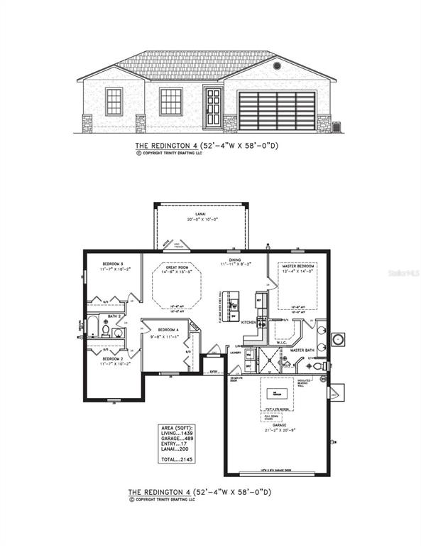 This is a floor plan and front elevation rendering for a single-story residential home design — 3419 SWANEE ROAD, PORT CHARLOTTE, FL