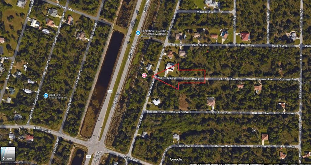 This is a satellite map view showing a residential property highlighted with a red arrow — 3419 SWANEE ROAD, PORT CHARLOTTE, FL