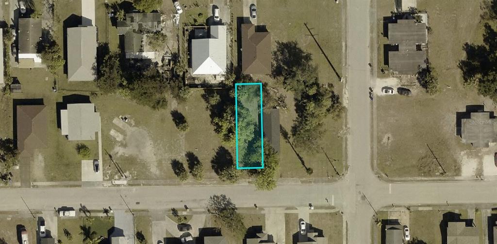 This aerial view shows a rectangular vacant lot outlined in blue within a residential neighborhood — 2989 DUNBAR AVENUE, FORT MYERS, FL