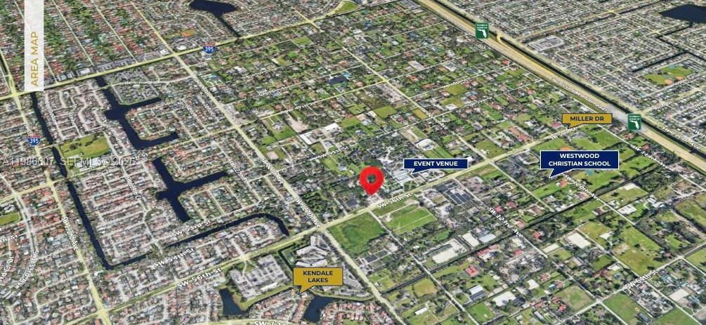 This is an aerial map showing the location of an event venue near a school — 12475 SW 56th St, Miami FL 33175, MIAMI, FL