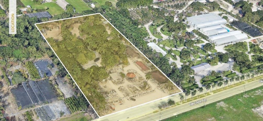 An aerial view shows a rectangular property with trees and buildings bordering a paved road — 12475 SW 56th St, Miami FL 33175, MIAMI, FL