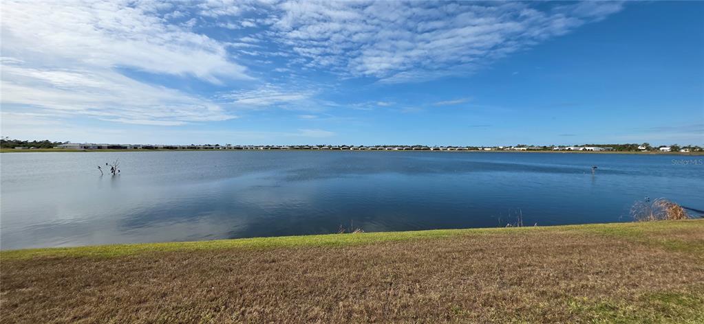 A wide, calm lake is bordered by a grassy bank with houses in the distance — 8140 SHORE LAKE DRIVE, ENGLEWOOD, FL