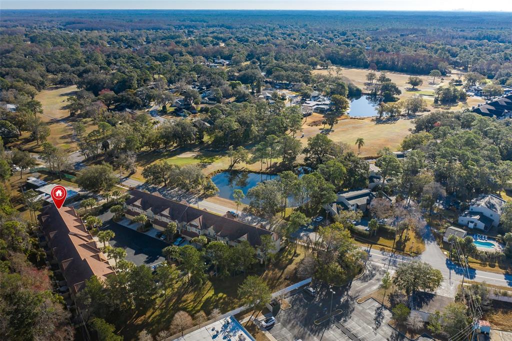 An aerial view shows a multi-unit townhouse complex situated near a pond and golf course — 2676 TANGLEWOOD TRAIL, PALM HARBOR, FL