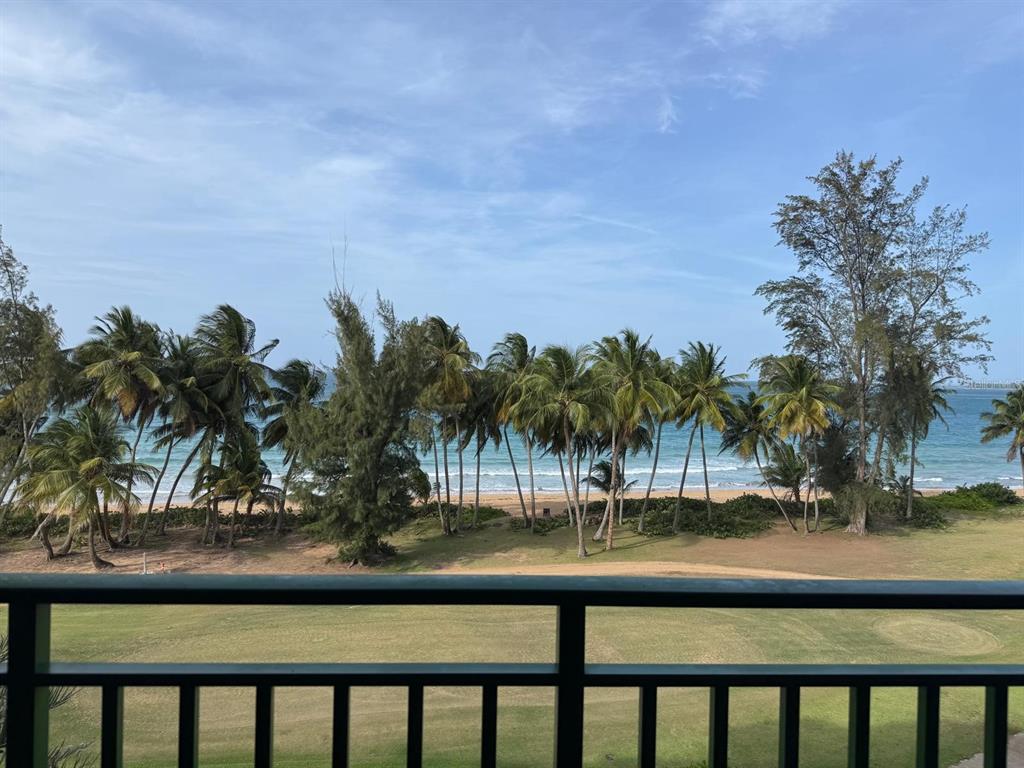 A balcony view overlooking a grassy lawn, palm trees, and the ocean under a blue sky — 9000 RIO MAR  BOULEVARD UNIT 443, RIO GRANDE, PR