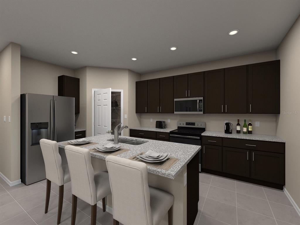 This is a digital rendering of a modern kitchen with dark cabinets and a granite island — 105 OUTBACK HIDEAWAY AVENUE, NOKOMIS, FL