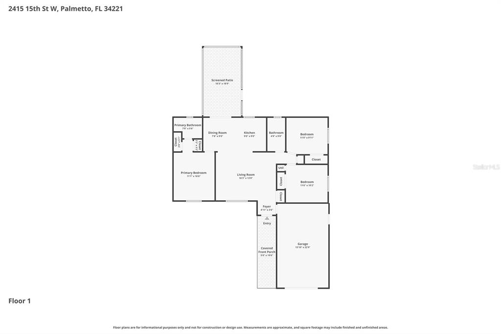 This is a floor plan for a single-story house with three bedrooms and a garage — 2415 15TH STREET W, PALMETTO, FL