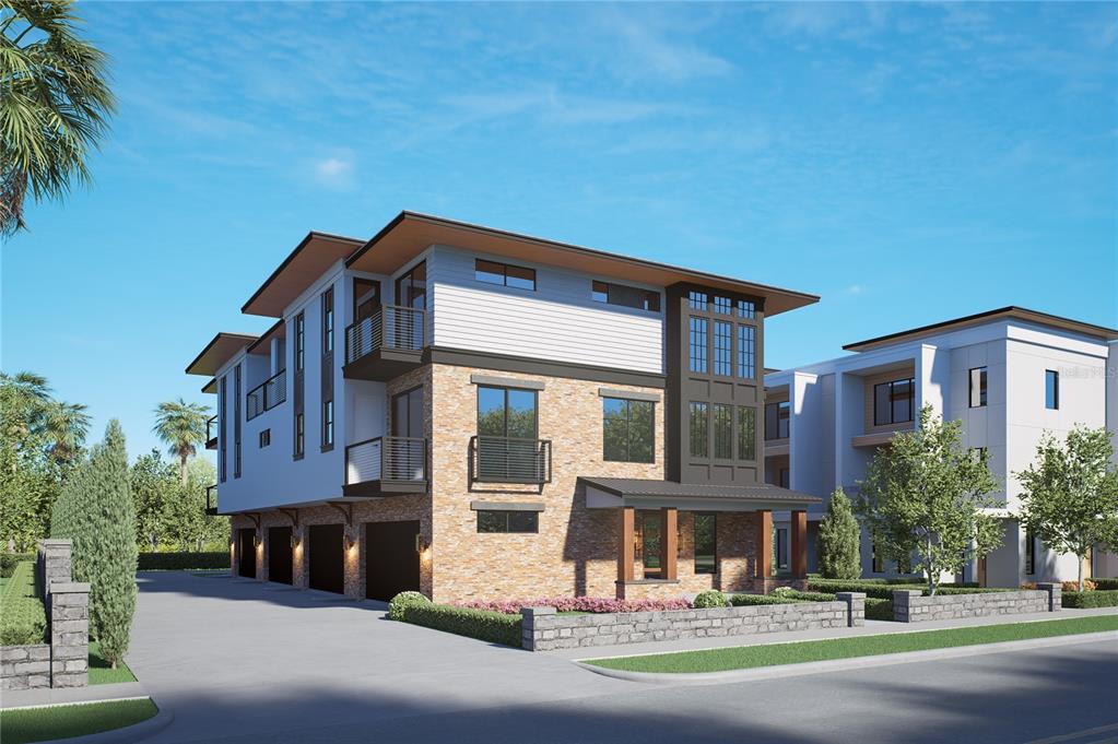 A digital rendering of a modern three-story townhouse with a brick facade and attached garages — 206 W COLUMBUS DRIVE, TAMPA, FL