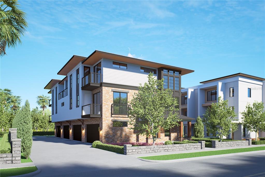 A digital rendering of a modern three-story residential building with brick and white siding — 206 W COLUMBUS DRIVE, TAMPA, FL