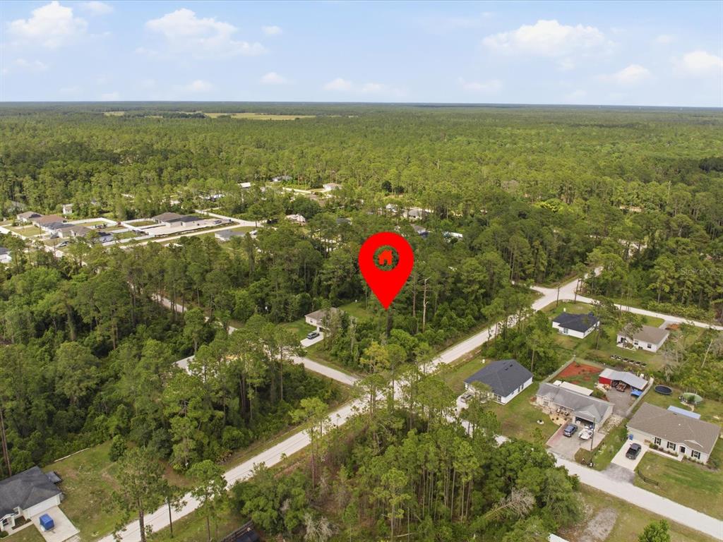 An aerial view shows a red location pin marking a wooded lot near suburban houses — 1201 10TH AVENUE, DELAND, FL