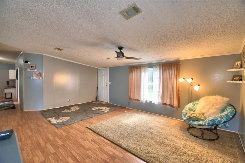 A living room with wood-look flooring, two area rugs, a ceiling fan, and a chair — 1750 W FROSTPROOF ROAD, FROSTPROOF, FL