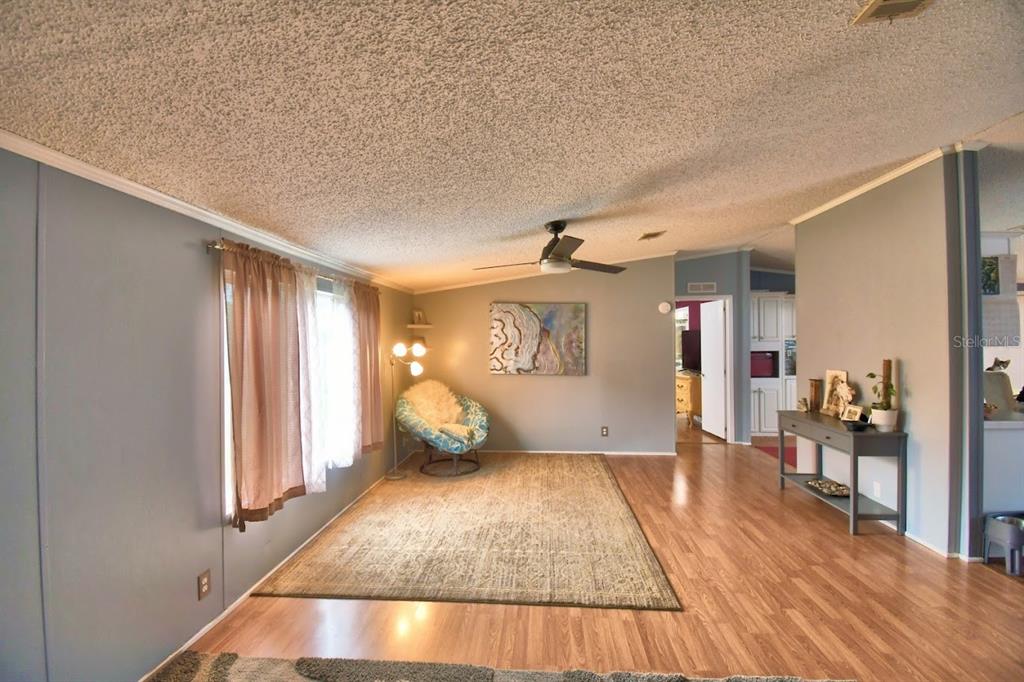 A living room with wood-look flooring, a textured ceiling, a ceiling fan, and a rug — 1750 W FROSTPROOF ROAD, FROSTPROOF, FL