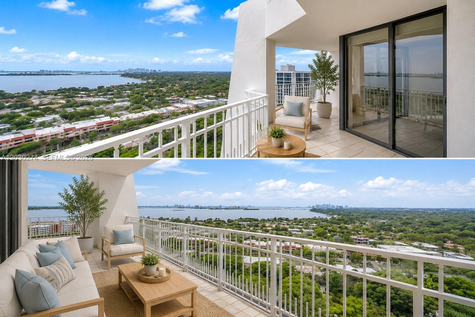 A high-rise balcony features outdoor furniture, tiled flooring, and a panoramic view of the water — 1000 Quayside Ter # 10, Miami FL 33138, MIAMI, FL