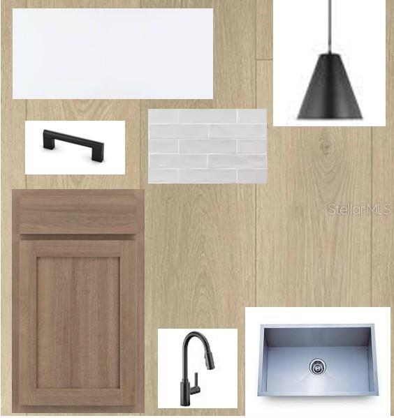 This is a digital rendering of kitchen design finishes, including cabinetry, hardware, flooring, and fixtures — 10669 CRESCENT CREEK CROSSING, PARRISH, FL