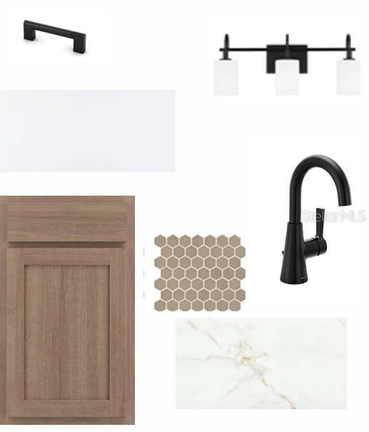 This is a digital design board showing bathroom finishes including cabinetry, hardware, lighting, and tile — 10669 CRESCENT CREEK CROSSING, PARRISH, FL