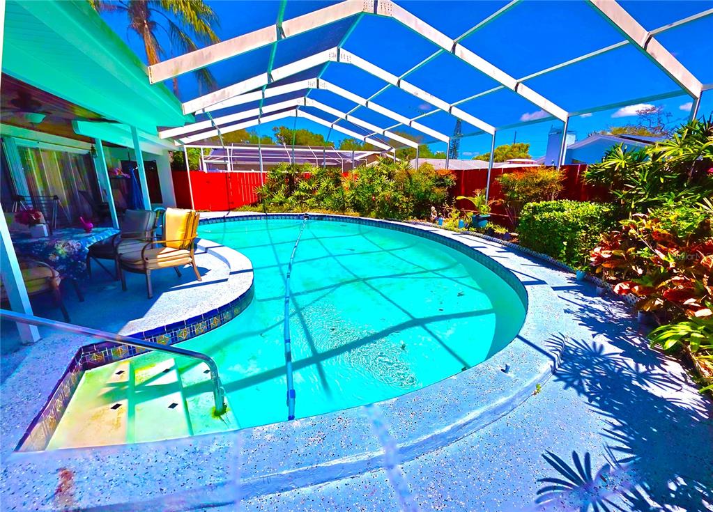 A screened-in swimming pool with a patio area and surrounding landscaping — 805 S KEENE ROAD, CLEARWATER, FL