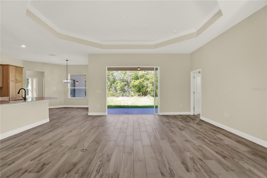An open-concept living area features wood-look tile flooring, a tray ceiling, and sliding glass doors — 12085 HARRIS HAWK ROAD, BROOKSVILLE, FL