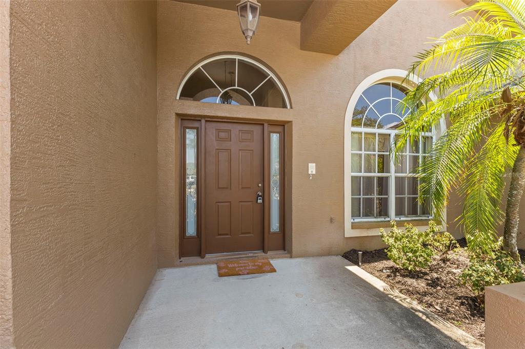 A brown front door with sidelights and an arched transom window sits under a covered entryway — 4638 ANACONDA DRIVE, NEW PORT RICHEY, FL