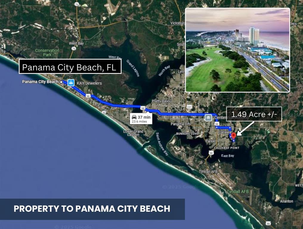 A map shows the driving route from a 1.49-acre property to Panama City Beach — TBD PLANTATION DRIVE, PANAMA CITY, FL
