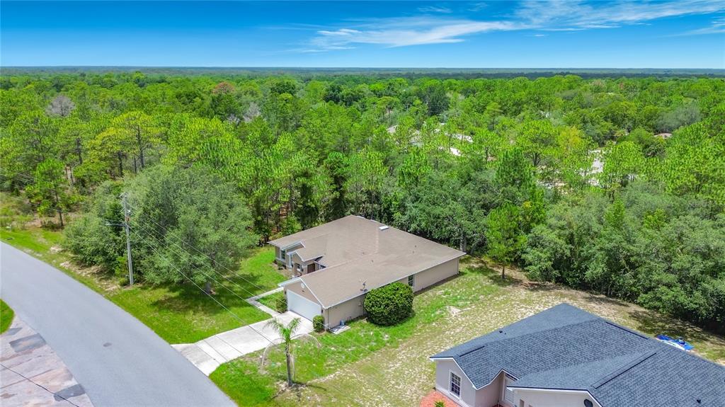 An aerial view shows a single-story house with a tan roof surrounded by dense trees — 213 LINDER DRIVE, HOMOSASSA, FL