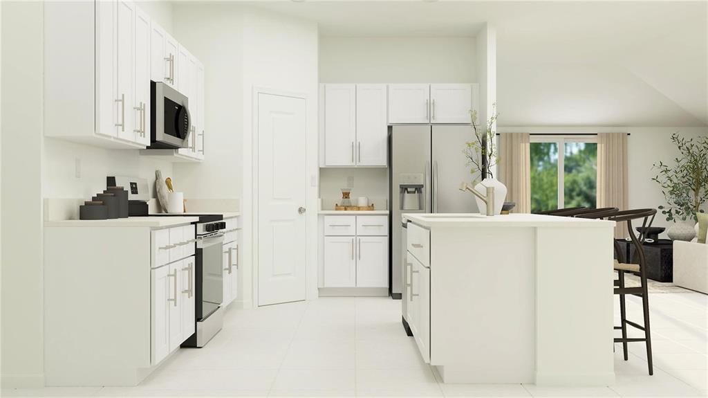 This is a digital rendering of a modern white kitchen with an island and appliances — 2318 ALLIUM ROSEUM LANE, PLANT CITY, FL