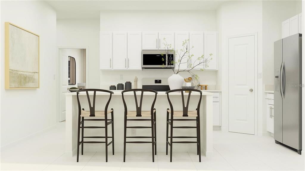 This is a rendering of a modern kitchen featuring white cabinets and a breakfast island — 2318 ALLIUM ROSEUM LANE, PLANT CITY, FL