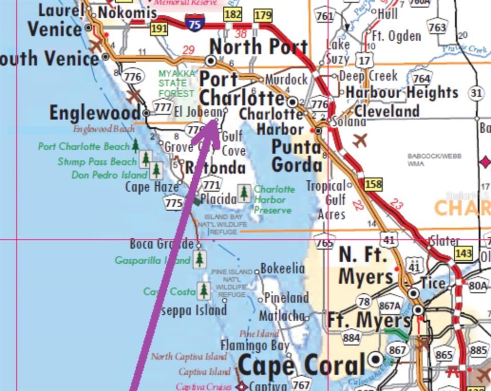 This is a map showing the region surrounding Port Charlotte and Punta Gorda, Florida — 14438 STEPHENS ROAD, PORT CHARLOTTE, FL
