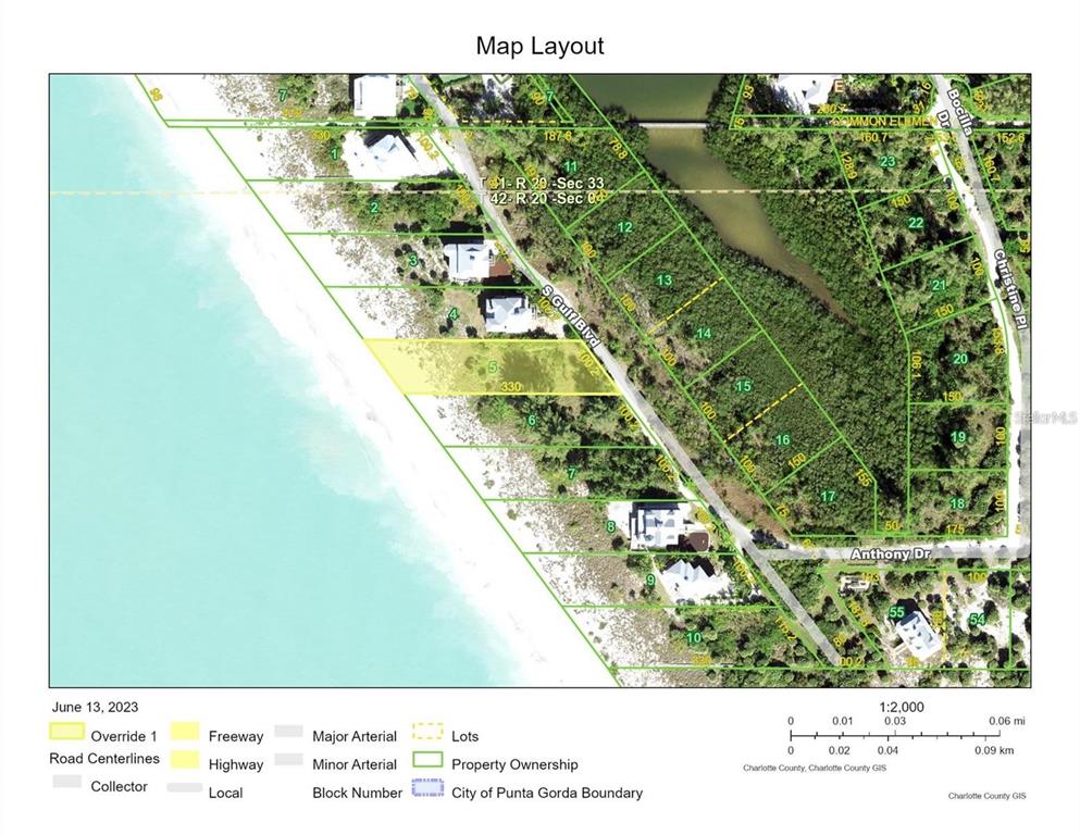 This is a map layout showing property lots along a coastline and residential streets — 500 S GULF BOULEVARD, PLACIDA, FL