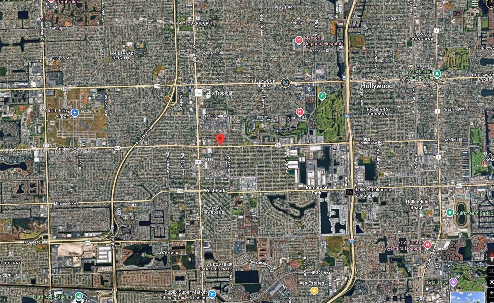 This is an aerial map showing the neighborhood surrounding a marked location in Hollywood, Florida — 5701 Pembroke RD, Hollywood FL 33023, HOLLYWOOD, FL