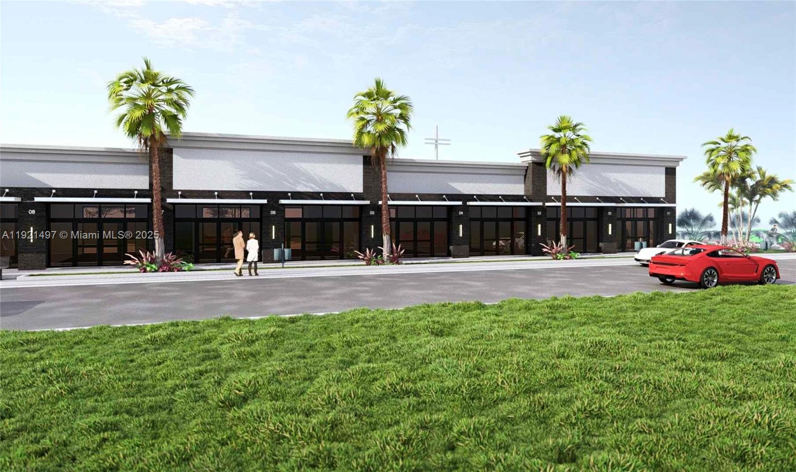 A digital rendering shows the exterior of a modern, single-story commercial strip mall — 5701 Pembroke RD, Hollywood FL 33023, HOLLYWOOD, FL