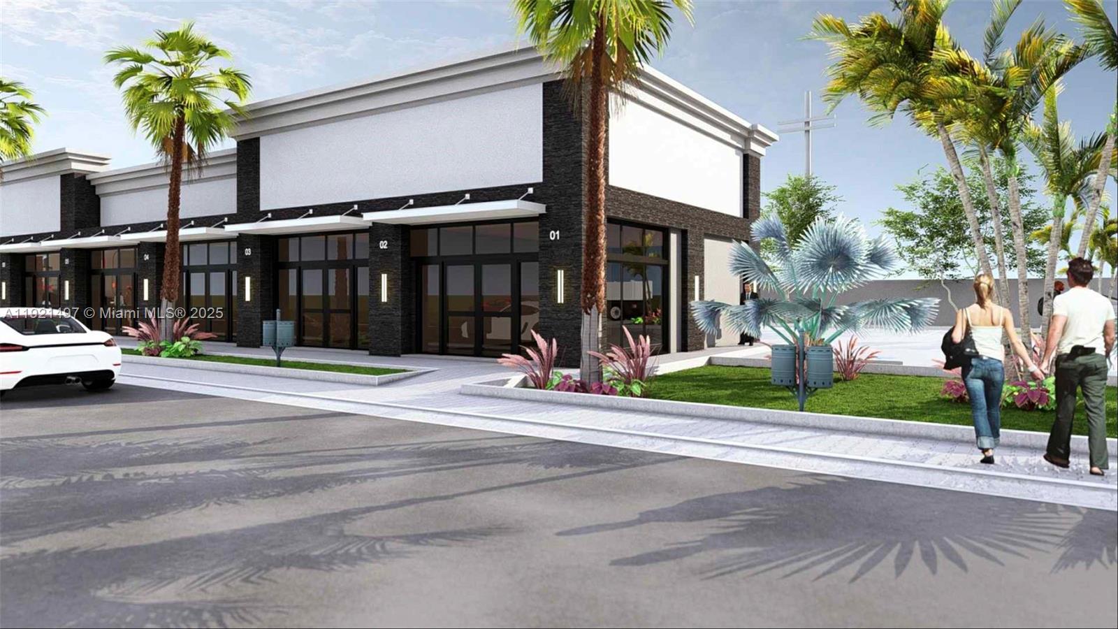 This is a rendering of a modern commercial strip mall with palm trees and pedestrians — 5701 Pembroke RD, Hollywood FL 33023, HOLLYWOOD, FL