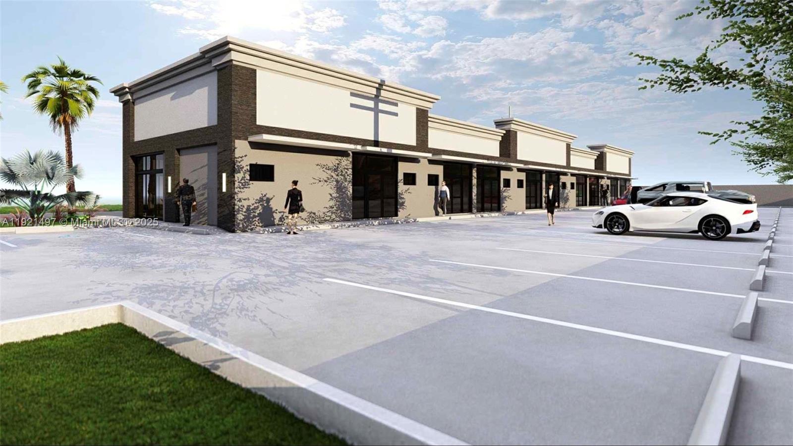 This is a digital rendering of a modern commercial strip mall with a parking lot — 5701 Pembroke RD, Hollywood FL 33023, HOLLYWOOD, FL