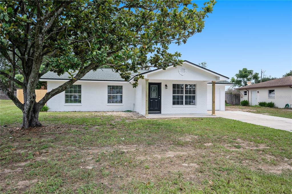 A white brick, single-story house with a black front door and a large shade tree — 4052 LANA DRIVE, LAKELAND, FL