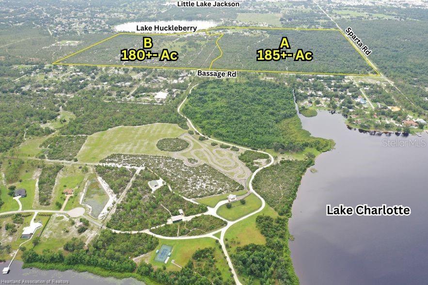 An aerial view shows two large, outlined parcels of land near lakes and roads — 5525 SPARTA ROAD UNIT B, SEBRING, FL