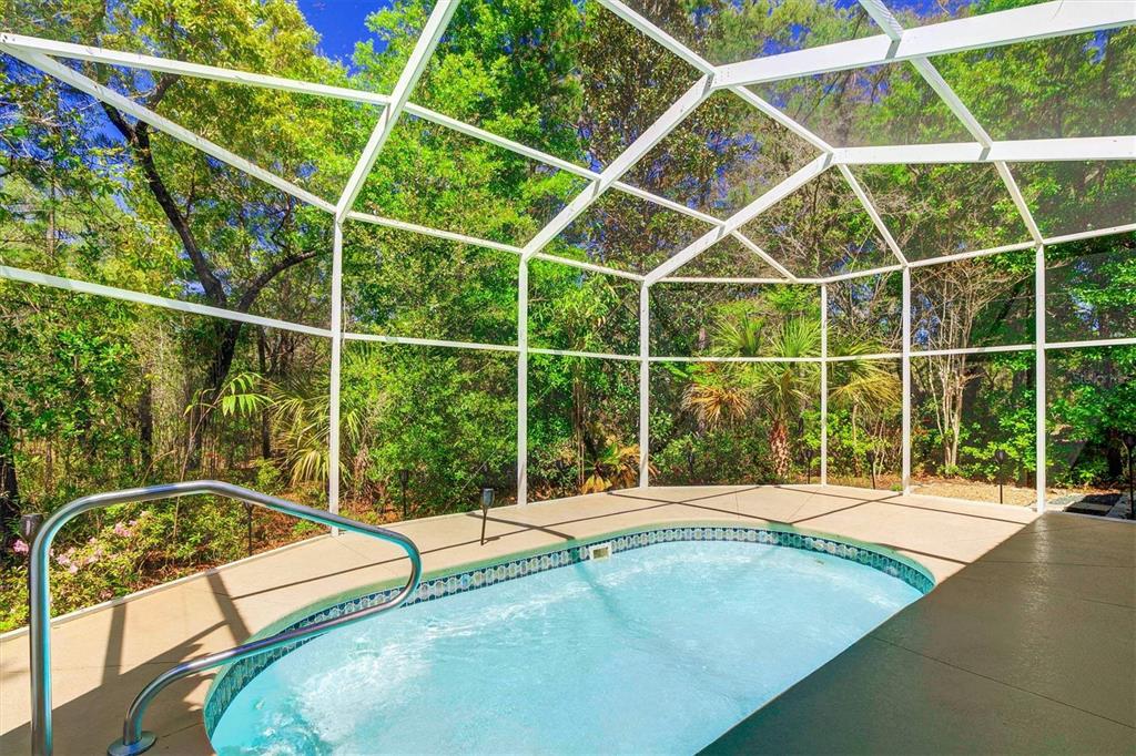 A screened-in pool area features a small, round hot tub surrounded by a concrete deck — 14 CARNATION COURT, HOMOSASSA, FL
