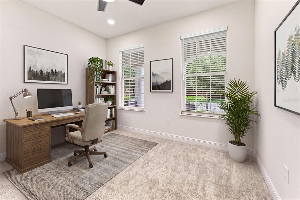 A home office features a wooden desk, bookshelf, carpeted flooring, and two windows with blinds — 14722 ROCKY BROOK DRIVE, TAMPA, FL