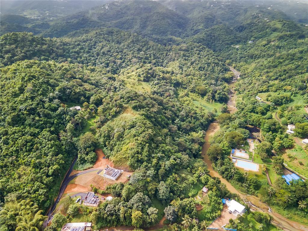 An aerial view shows a river winding through a lush, forested landscape with scattered buildings — BO. MULAS CARR. 174 KM. HM 19.6 INT. UNIT SOLAR 1, AGUAS BUENAS, PR