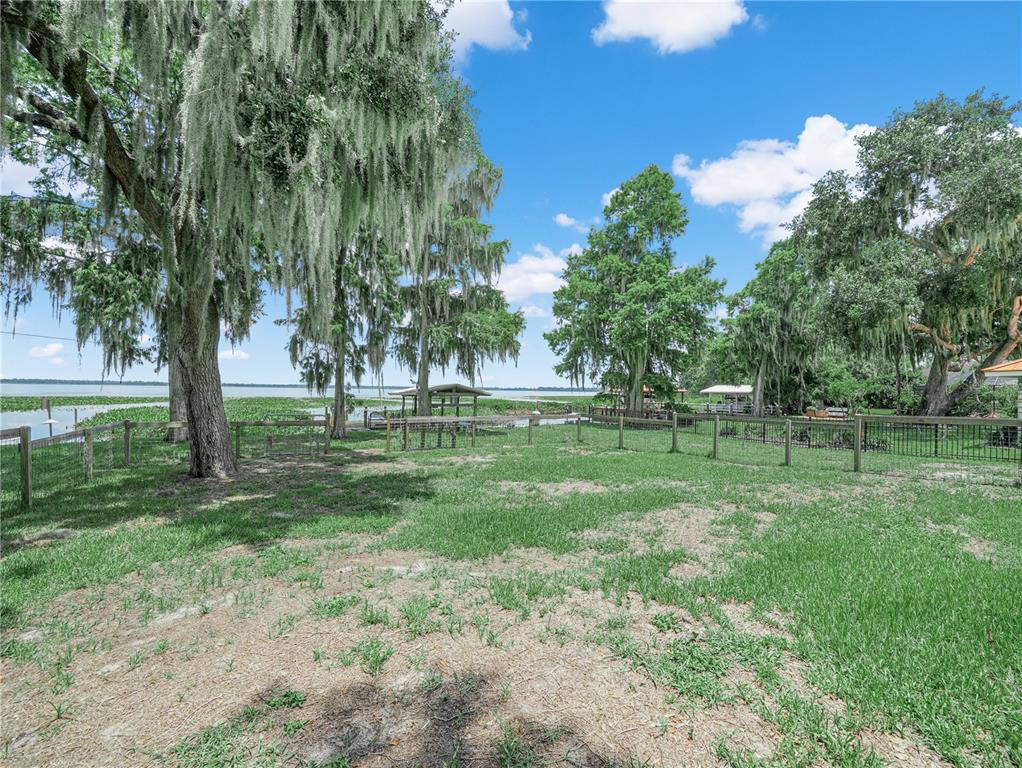 A wooden dock with rope railings overlooks a lake filled with aquatic vegetation — 3038 SHADY WOOD LANE, LAKE WALES, FL