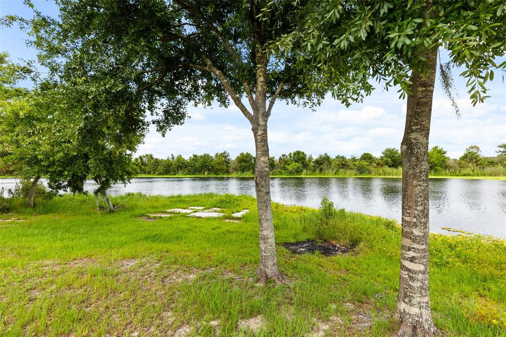 A grassy yard with trees overlooks a calm lake under a blue sky — 166 ST THOMAS DR, MULBERRY, FL