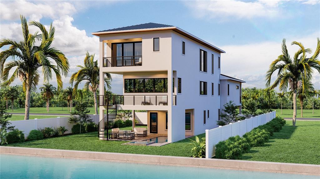 A digital rendering of a three-story modern house with a spiral staircase and private pool — 190 MOCKINGBIRD LANE, ENGLEWOOD, FL
