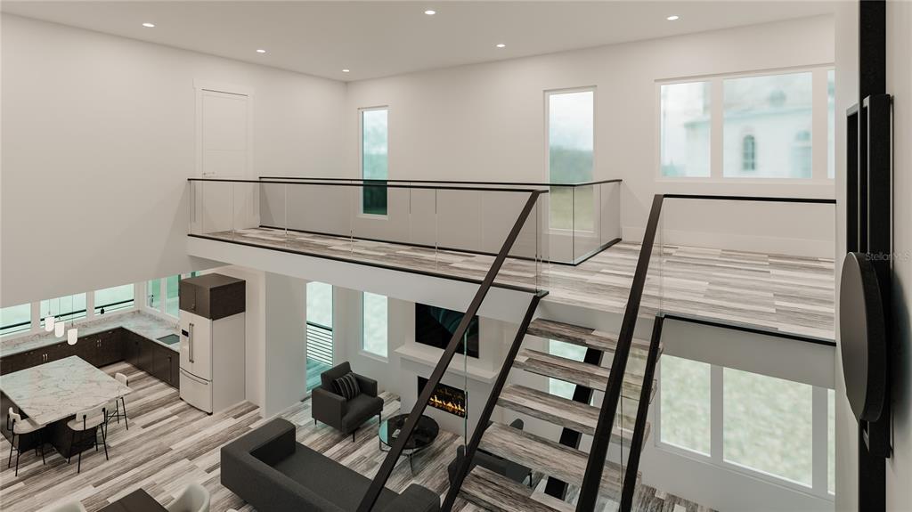 This rendering shows an open-concept living area with a loft, glass railings, and modern finishes — 190 MOCKINGBIRD LANE, ENGLEWOOD, FL