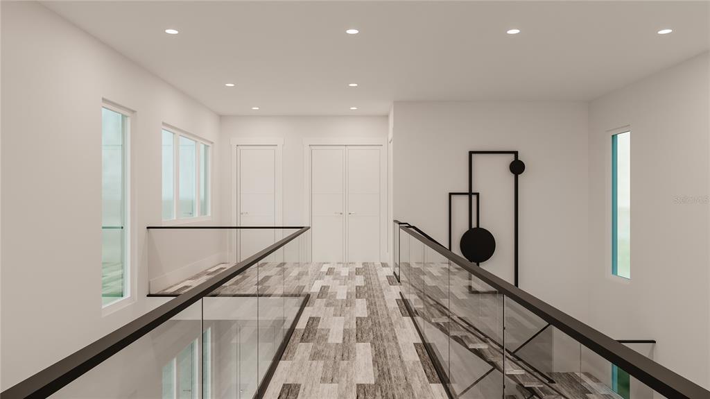 This is a rendering of a modern hallway with glass railings and patterned tile flooring — 190 MOCKINGBIRD LANE, ENGLEWOOD, FL