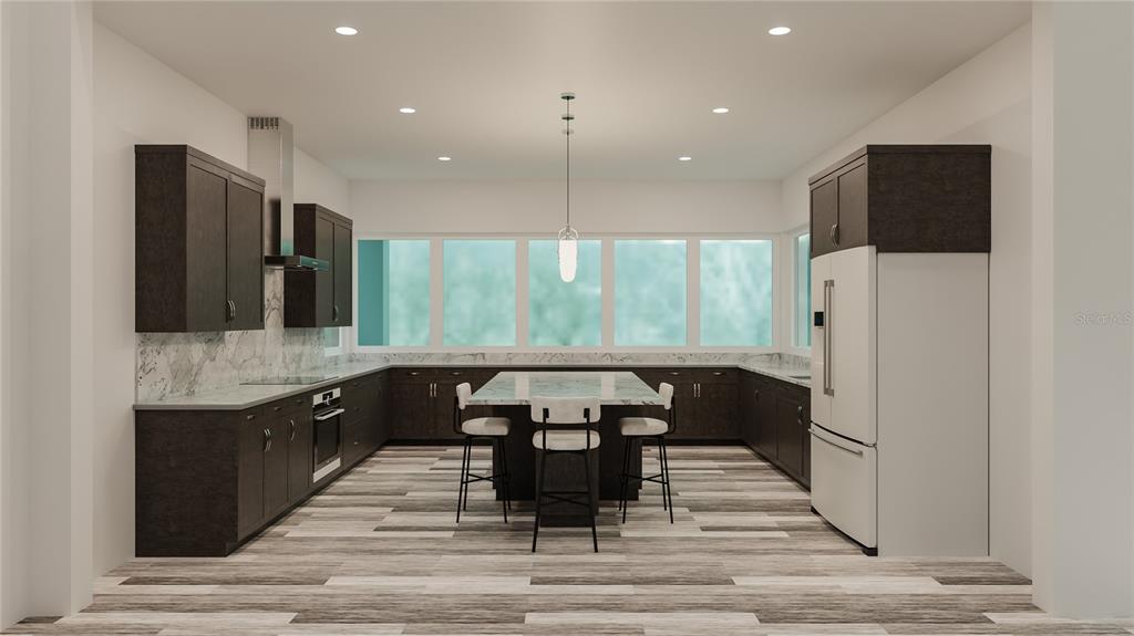 This is a rendering of a modern kitchen featuring dark cabinetry, marble countertops, and an island — 190 MOCKINGBIRD LANE, ENGLEWOOD, FL
