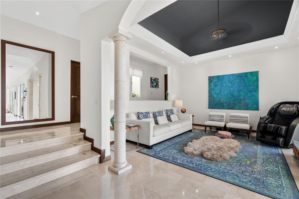 A living room features a tray ceiling, a stone column, and a large blue area rug — 9 SHELL CASTLE, HUMACAO, PR