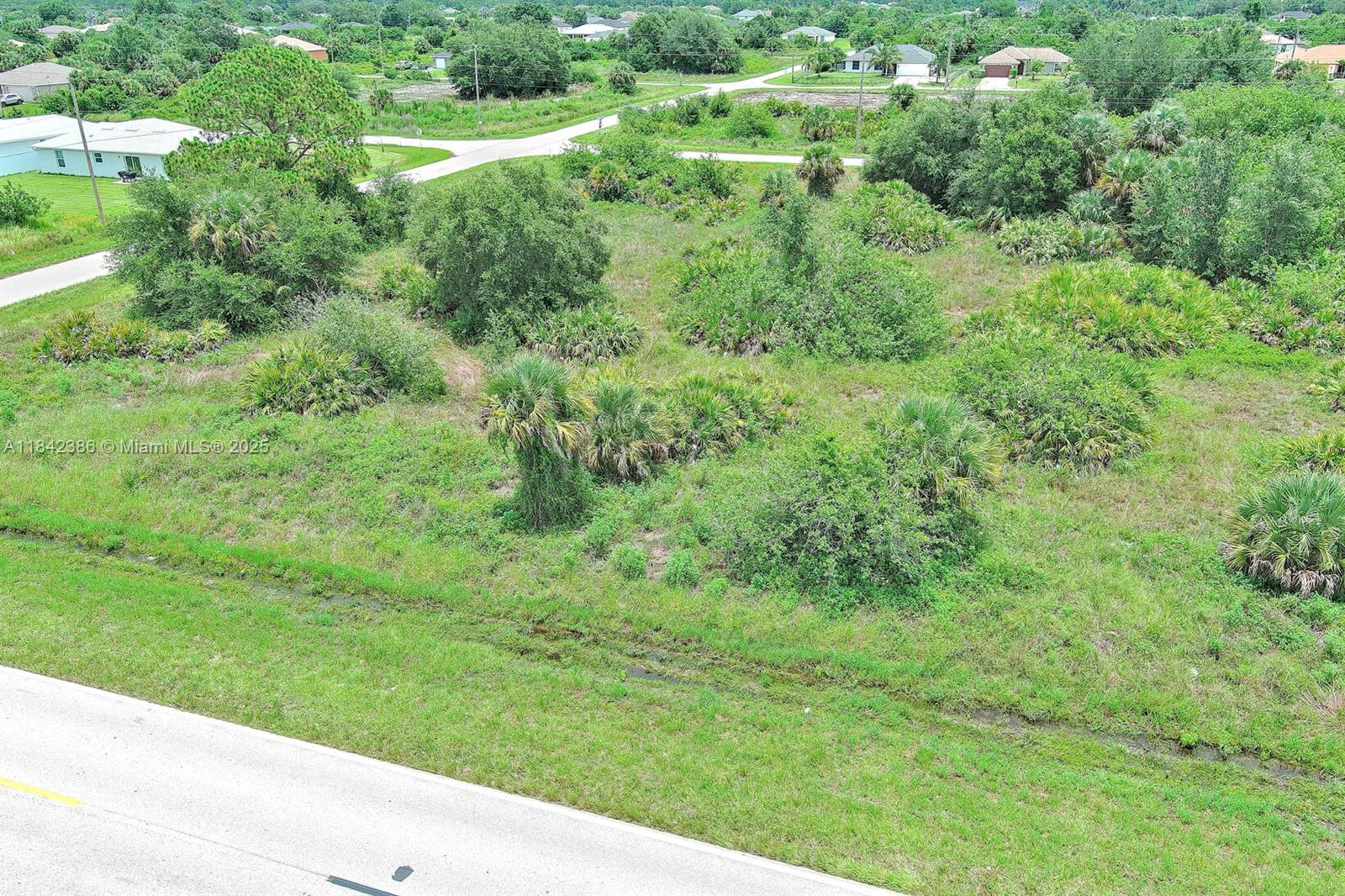 An aerial view shows a vacant, grassy lot with scattered shrubs and palm trees — 841 Milwaukee Blvd, Lehigh Acres FL 33974, LEHIGH ACRES, FL