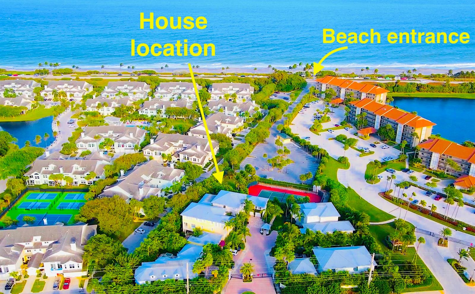 Aerial view of a residential community with a tennis court, parking lots, and beach access — 111 Beachwalk Lane, Jupiter FL 33477, JUPITER, FL