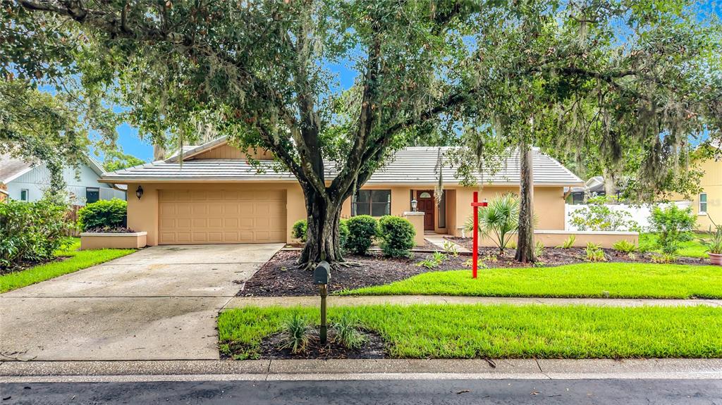 A single-story tan house with a two-car garage, a large tree, and a front lawn — 3097 EDGEMOOR DRIVE, PALM HARBOR, FL