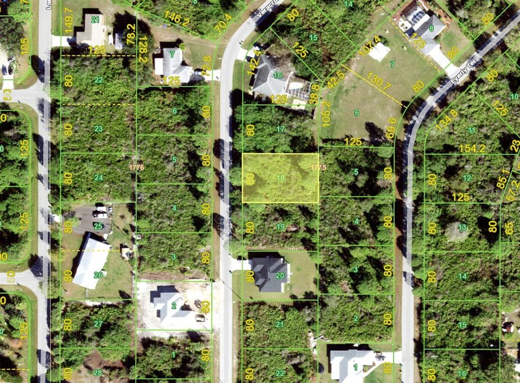 This is an aerial map showing residential property lots and street layouts — 5580 VERACRUZ TERRACE, PORT CHARLOTTE, FL