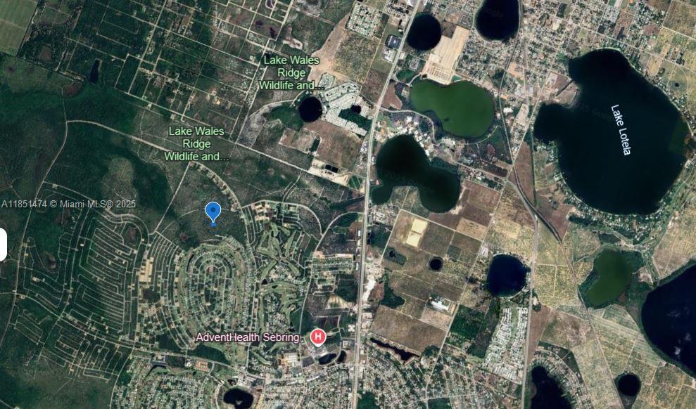 This is a satellite map view showing residential neighborhoods, lakes, and the AdventHealth Sebring hospital — 6503 San Benito, Sebring FL 33872, SEBRING, FL